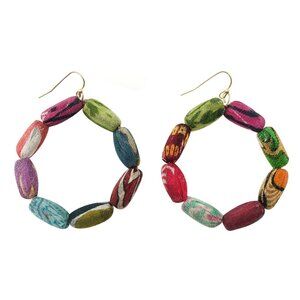 Fair Trade Hoop Dangle Earrings Kai Recycled Kantha Fabric Bead Boho Handmade
